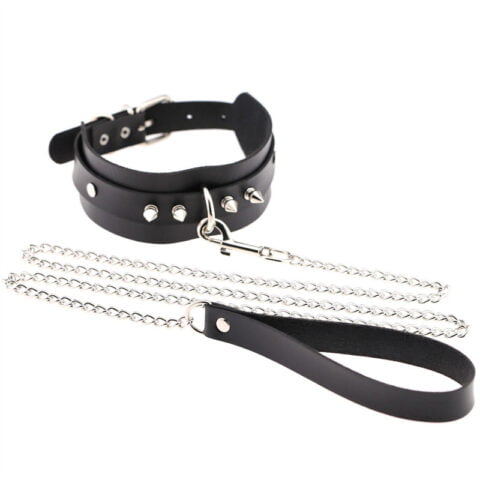 SM Rivet PU Leather Collar with Chain Leash